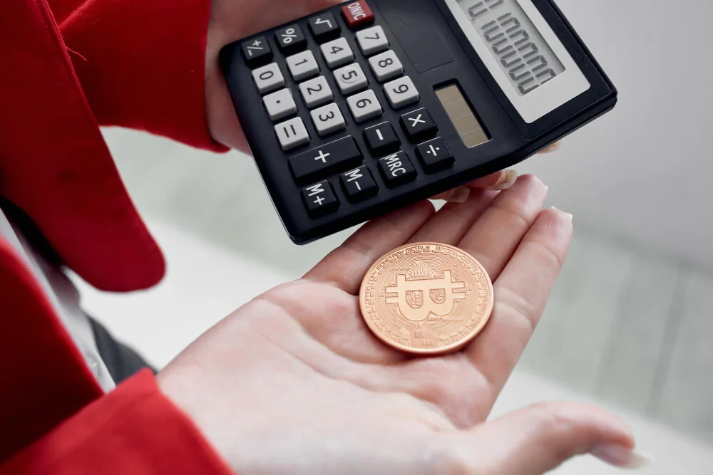 Article about free website widgets. in the image: A person with a gold coin with the "B" symbol in one hand and a calculator in the other